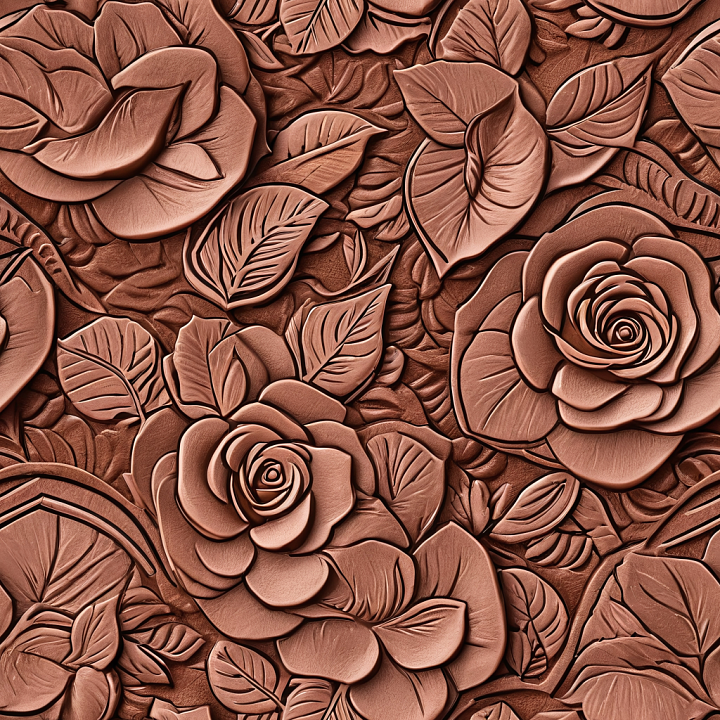 Embossed Floral Leather in Warm Brown with Detailed Leaf and Rose Patte… seamless PBR texture preview