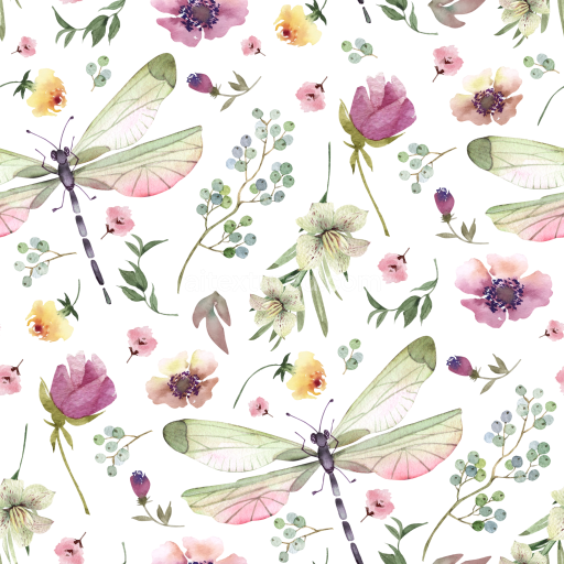 Seamless 3D PBR Dragonfly Floral Watercolor Texture with Delicate Pastel Flowers