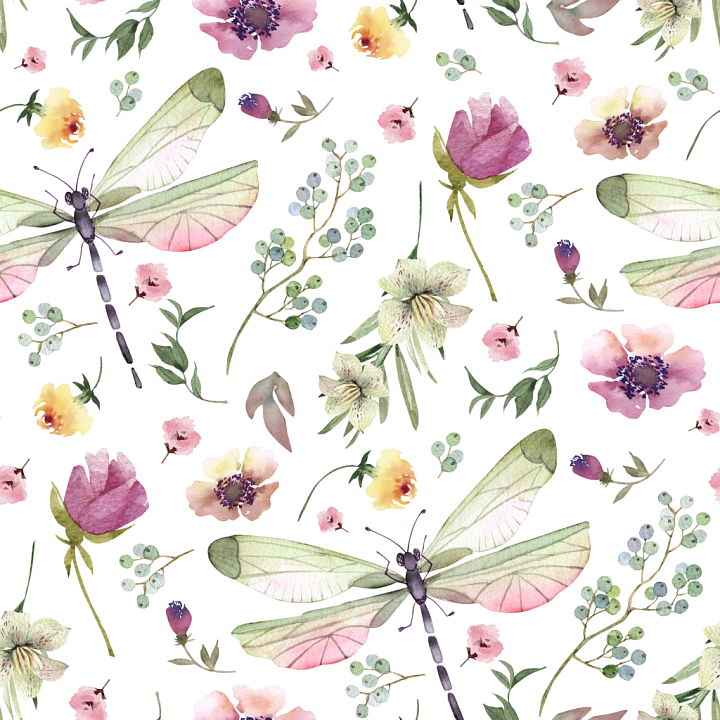 Dragonfly Floral Watercolor with Delicate Pastel Flowers seamless PBR texture preview