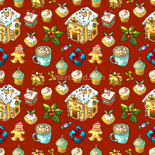 Seamless 3D PBR Texture Featuring Colorful Festive Christmas Icons on Red