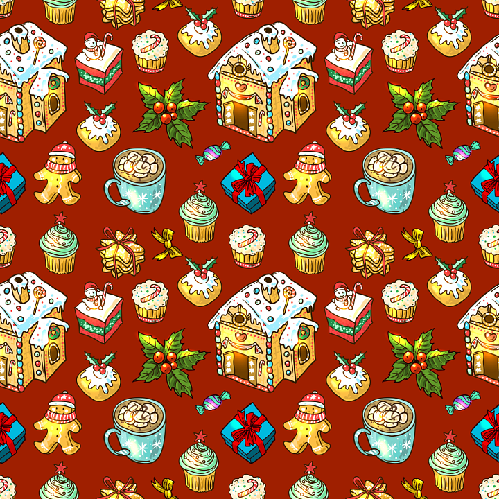 Christmas Digital Paper with Festive Cookies and Gifts seamless PBR texture preview