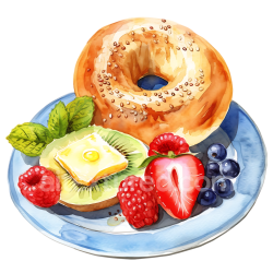 seamless Watercolor Breakfast Bagel with Butter and Mixed Berries on Blue Plate texture 8k free download PBR