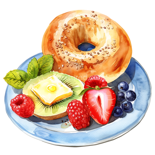 Watercolor Breakfast Bagel with Butter and Mixed Berries on Blue Plate