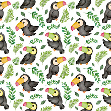 Seamless 3D PBR Pattern Texture Featuring Playful Tropical Toucans and Green Leaves texture preview