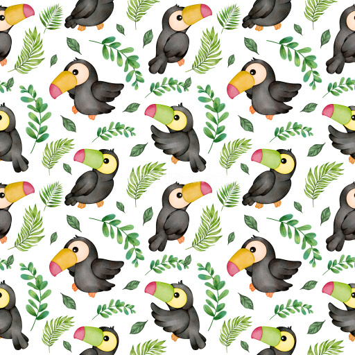 Pattern Bundle - Seamless 3D PBR Pattern Texture Featuring Playful Tropical Toucans and Green Leaves texture preview