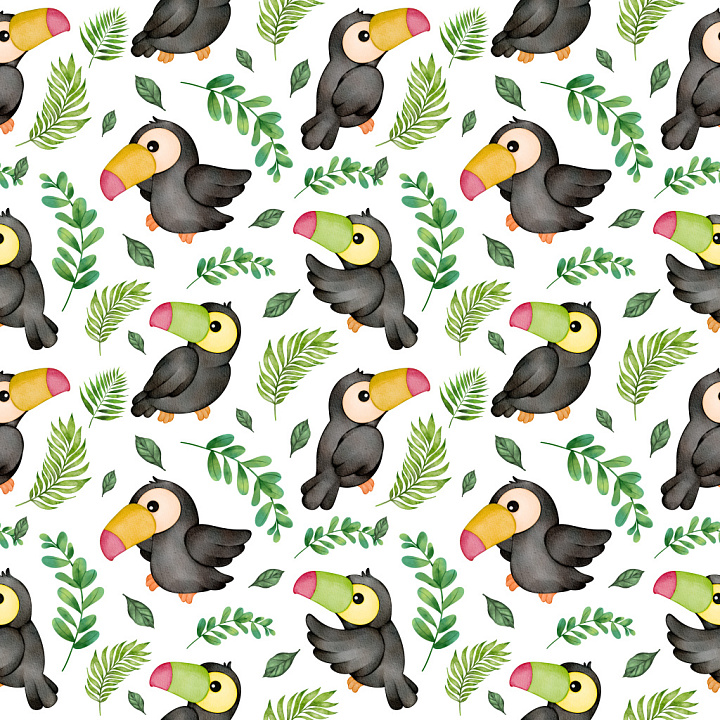 Pattern Featuring Playful Tropical Toucans and Green Leaves seamless PBR texture preview