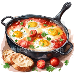 seamless Breakfast Shakshuka with Eggs, Tomatoes, and Bread PNG Illustration texture 8k free download PBR