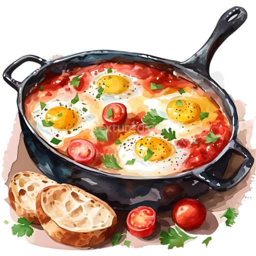 Breakfast Shakshuka with Eggs, Tomatoes, and Bread PNG Illustration