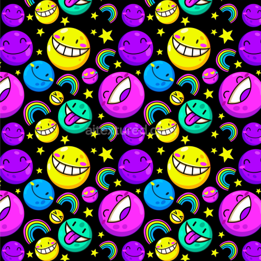 Seamless 3D PBR Texture with Colorful Happy Face Emojis and Stars
