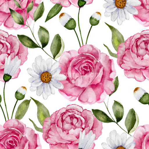 Seamless 3D PBR Texture Featuring Pink Watercolor Roses and Daisies