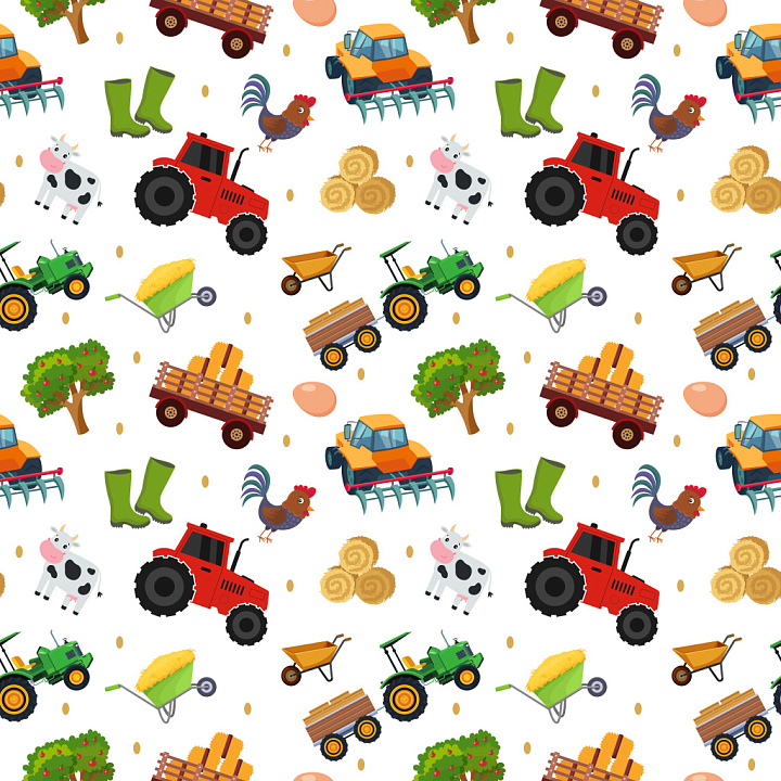 Pattern with Farm Animals and Agricultural Equipment Motifs seamless PBR texture preview