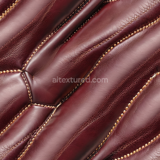 Seamless 3D stitched burgundy leather upholstery PBR texture with rich grain and padded panels