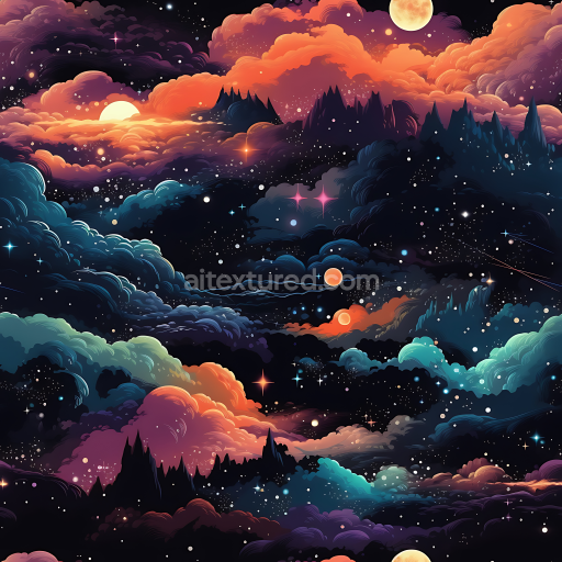 Seamless 3D Space PBR Texture Featuring Vibrant Cosmic Nebula Clouds and Starry Sky