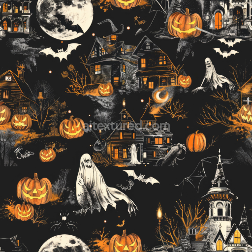 Seamless 3D PBR Vintage Halloween Fabric Texture with Haunted Houses and Jack-o'-Lanterns