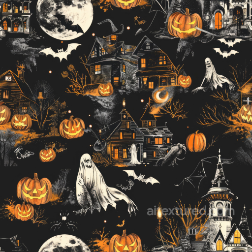 Vintage Halloween Fabric Texture with Haunted Houses and Jack-o'-Lanterns seamless Vintage Halloween PBR texture