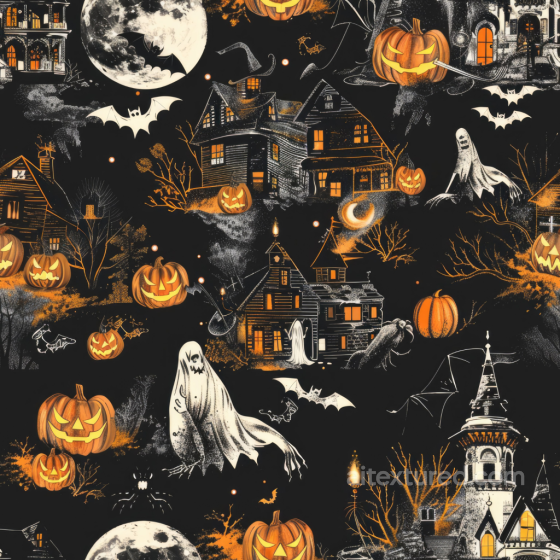 Vintage Halloween Fabric Texture with Haunted Houses and Jack-o'-Lanterns Vintage Halloween texture preview