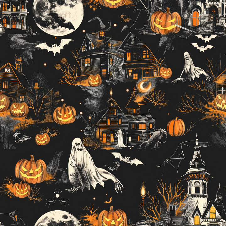 Vintage Halloween Fabric with Haunted Houses and Jack-o'-Lanterns seamless PBR texture preview