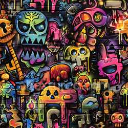 seamless Seamless 3D PBR Graffiti Texture Featuring Vibrant Neon Skulls on Brick Wall texture 8k free download PBR