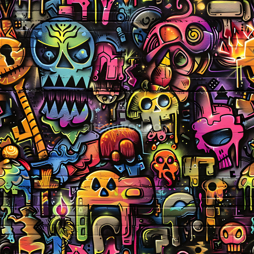 Seamless 3D PBR Graffiti Texture Featuring Vibrant Neon Skulls on Brick Wall