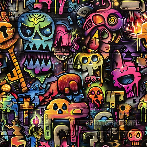 Seamless 3D PBR Graffiti Texture Featuring Vibrant Neon Skulls on Brick Wall texture preview