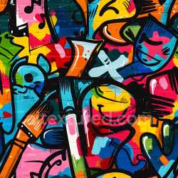 seamless Seamless 3D PBR texture of bright colorful graffiti art with bold black outlines texture 8k free download PBR