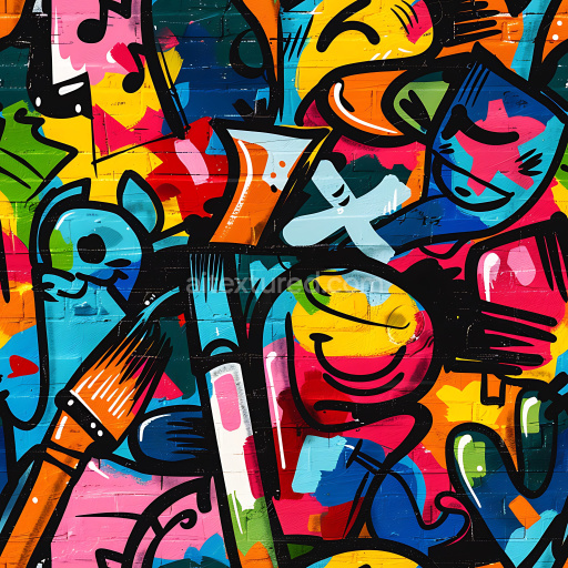 Seamless 3D PBR texture of bright colorful graffiti art with bold black outlines