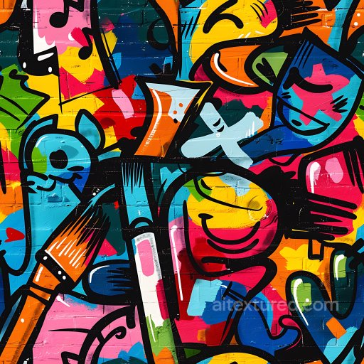 Seamless 3D PBR texture of bright colorful graffiti art with bold black outlines texture preview