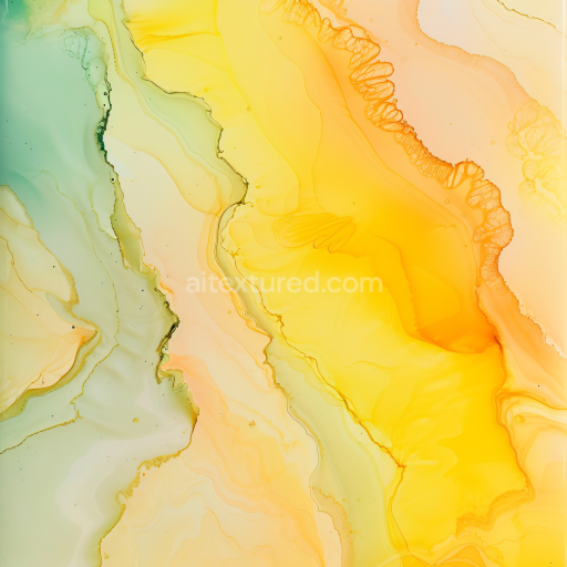 Seamless 3D Alcohol Ink PBR Texture with Vibrant Yellow-Orange and Olive Fluid Waves
