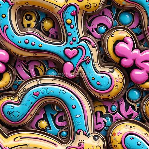 Seamless 3D PBR Texture Featuring Vibrant Abstract Graffiti with Colorful Shapes and Playful Details