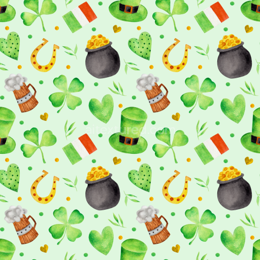 Seamless 3D PBR Texture with St Patrick Icons and Watercolor Style