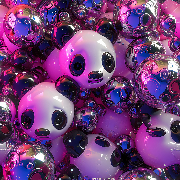 Inflated Glossy Panda Vinyl with Reflective Bubble Spheres seamless PBR texture preview