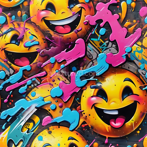 Seamless 3D PBR Graffiti Texture Featuring Vibrant Yellow Emoji Faces and Colorful Paint Splashes