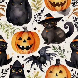 seamless Seamless 3D PBR Watercolor Halloween Texture with Black Cats and Pumpkins texture 8k free download PBR