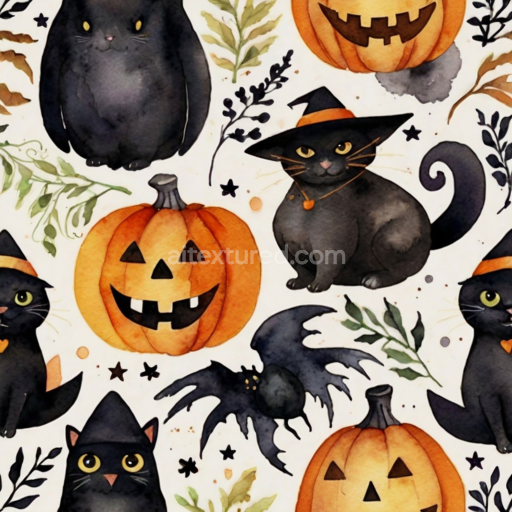 Seamless 3D PBR Watercolor Halloween Texture with Black Cats and Pumpkins