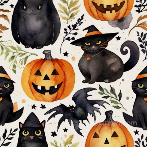 Watercolor Halloween Texture with Black Cats and Pumpkins seamless Watercolor Halloween PBR texture