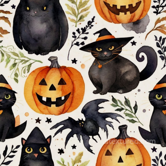 Watercolor Halloween Texture with Black Cats and Pumpkins Watercolor Halloween texture preview