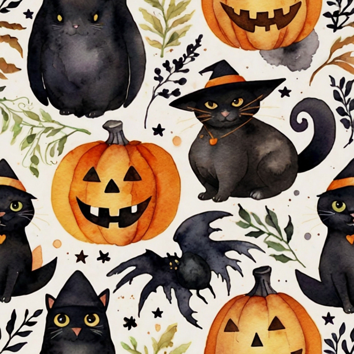 Watercolor Halloween with Black Cats and Pumpkins seamless PBR texture preview