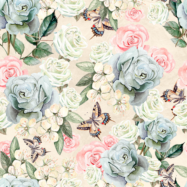 Floral Watercolor Featuring Roses and Butterflies seamless PBR texture preview