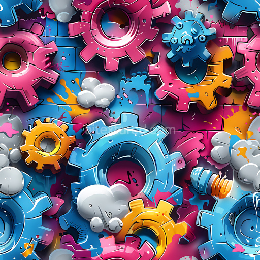 Seamless 3D PBR Graffiti Texture Featuring Vibrant Mechanical Gear Designs