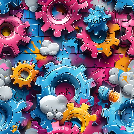 Seamless 3D PBR Graffiti Texture Featuring Vibrant Mechanical Gear Designs texture preview