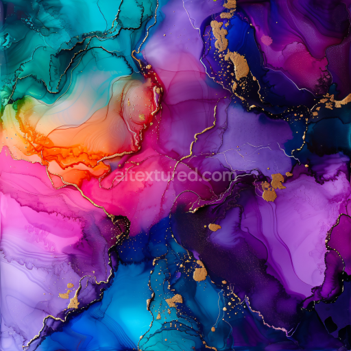 Seamless 3D Alcohol Ink PBR Texture Featuring Vibrant Purple and Blue Fluid Waves with Gold Veining