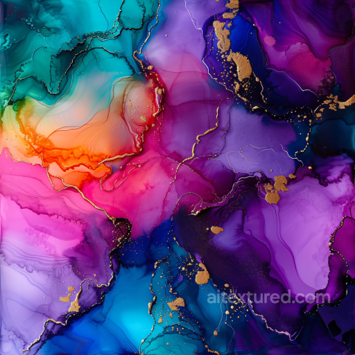 Alcohol Ink PBR Texture Featuring Vibrant Purple and Blue Fluid Waves with Gold Veining seamless Alcohol ink PBR texture