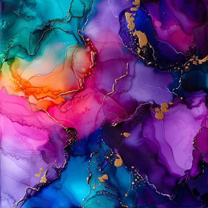 Alcohol Ink Featuring Vibrant Purple and Blue Fluid Waves with Gold Vei… seamless PBR texture preview