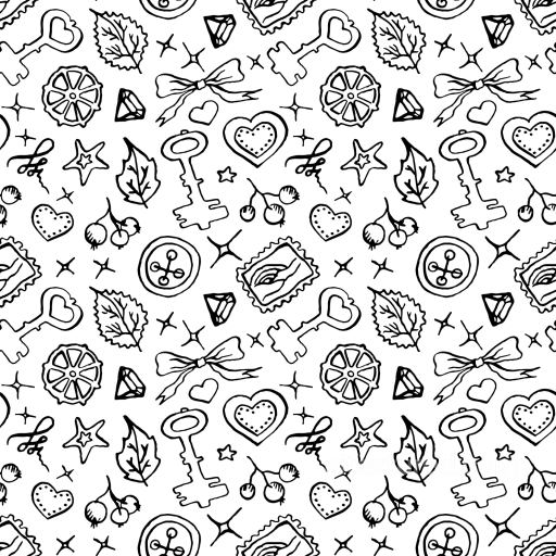 Black & White Doodle Pattern Texture with Keys and Hearts seamless White & Black PBR texture