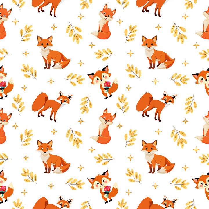 Pattern Featuring Playful Fox Illustrations and Autumnal Leaf Motifs seamless PBR texture preview