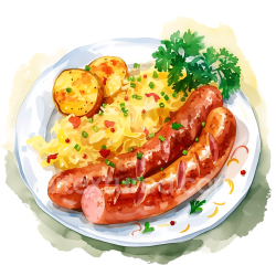 seamless Breakfast Plate with Bratwurst, Sauerkraut, and Potatoes Watercolor Illustration texture 8k free download PBR