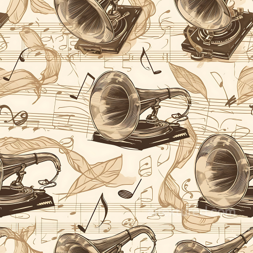 Vintage Scrapbook Texture of Vintage Gramophone Illustration with Musical Notes and Leaves seamless Vintage Scrapbook PBR texture