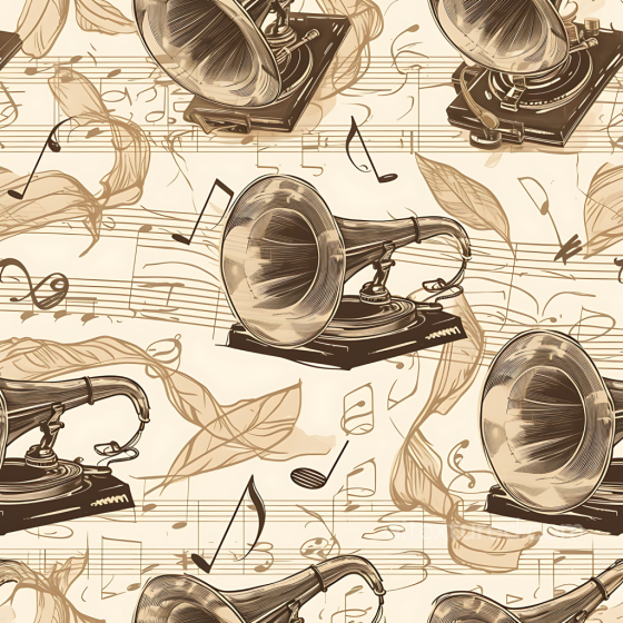 Vintage Scrapbook Texture of Vintage Gramophone Illustration with Musical Notes and Leaves Vintage Scrapbook texture preview
