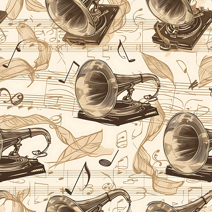 Vintage Scrapbook of Vintage Gramophone Illustration with Musical Notes… seamless PBR texture preview