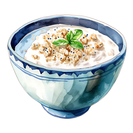 Breakfast Buckwheat Porridge in Blue Ceramic Bowl Watercolor Illustration